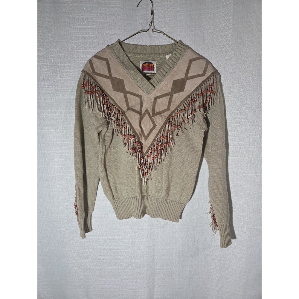 VTG 70s-80s Womens Beaded Tassel V-Neck Knit Suede Jumper Sweater Small Retro